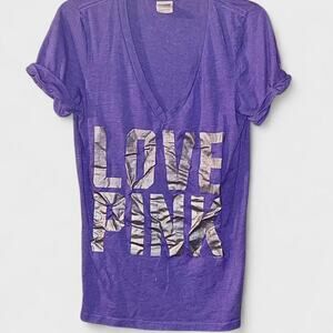 Pink Victoria’s Secret Purple Silver V-Neck Graphic T-Shirt - Size L